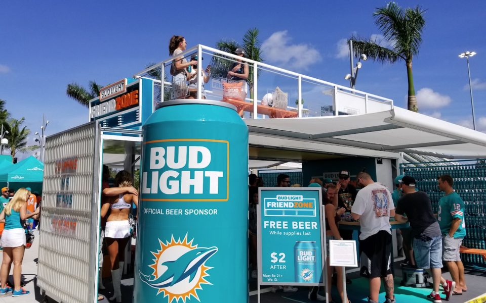 Custom shipping container for the Miami Dolphins at an event